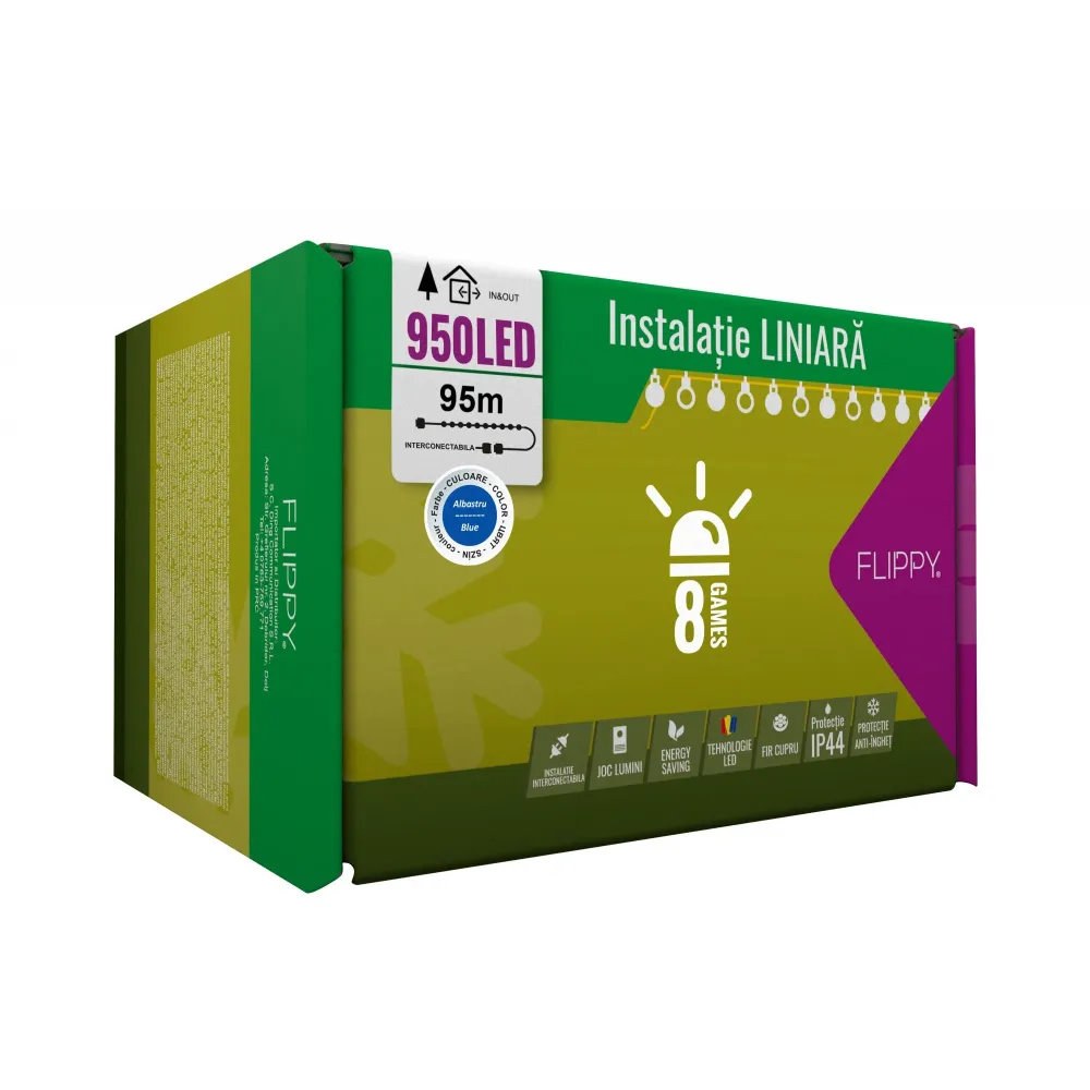 Коледна инсталация, 95 м, 950 светодиода, линейна, синя, 8 светлинни ефекта, трансформатор с дистанционно управление, свър...