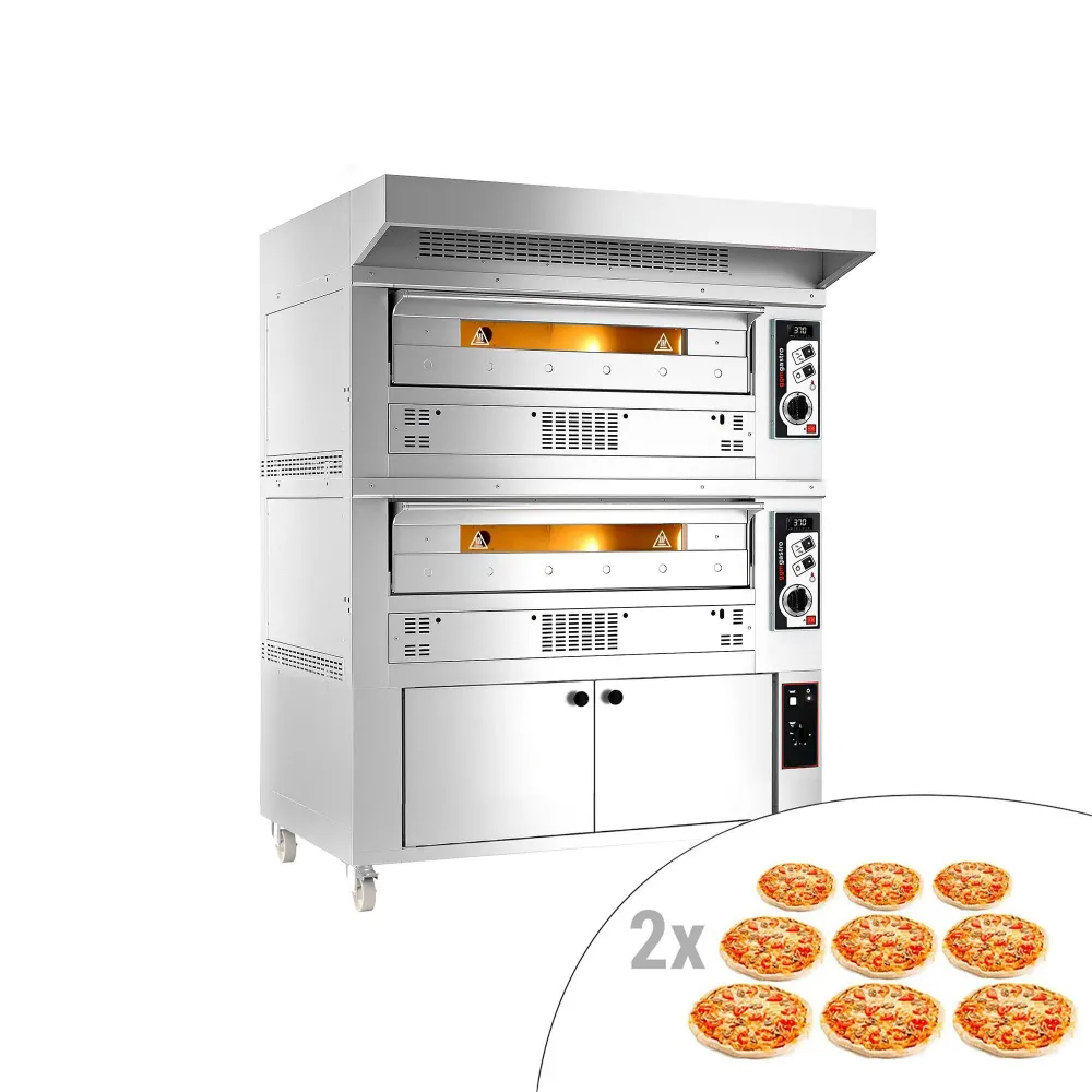 Професионална Газова фурна за пица - 9+9x Ø33cm - 230V - Механично - до 370°C - вкл. Аспиратор 0,85 м. - с мотор и конденз...