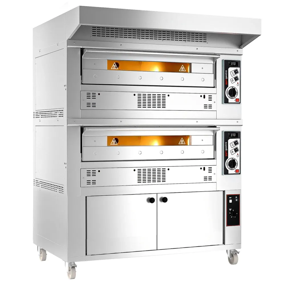 Професионална Газова фурна за пица - 9+9x Ø33cm - 230V - Механично - до 370°C - вкл. Аспиратор 0,85 м. - с мотор и конденз...