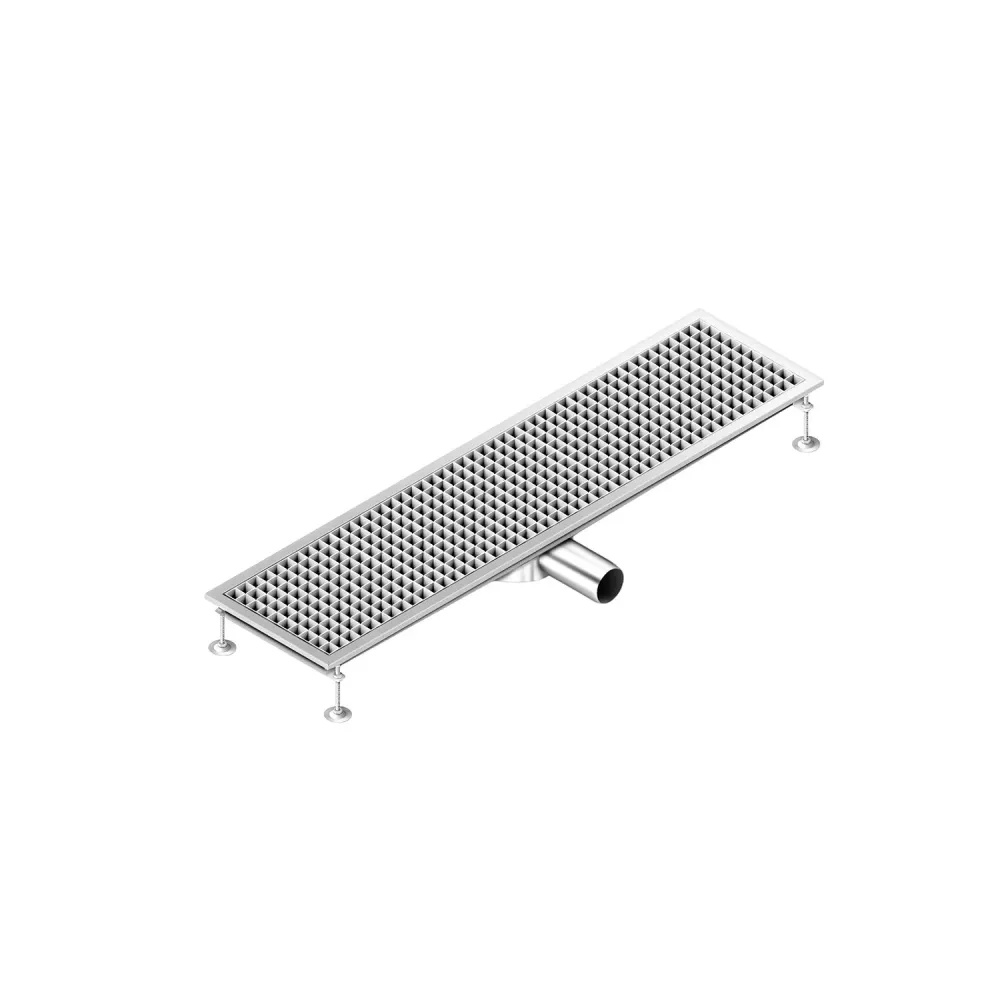 Отводнителен канал от неръждаема стомана AISI 304 - 1200x300mm - ниска монтажна височина - страничен изход - Ø70mm