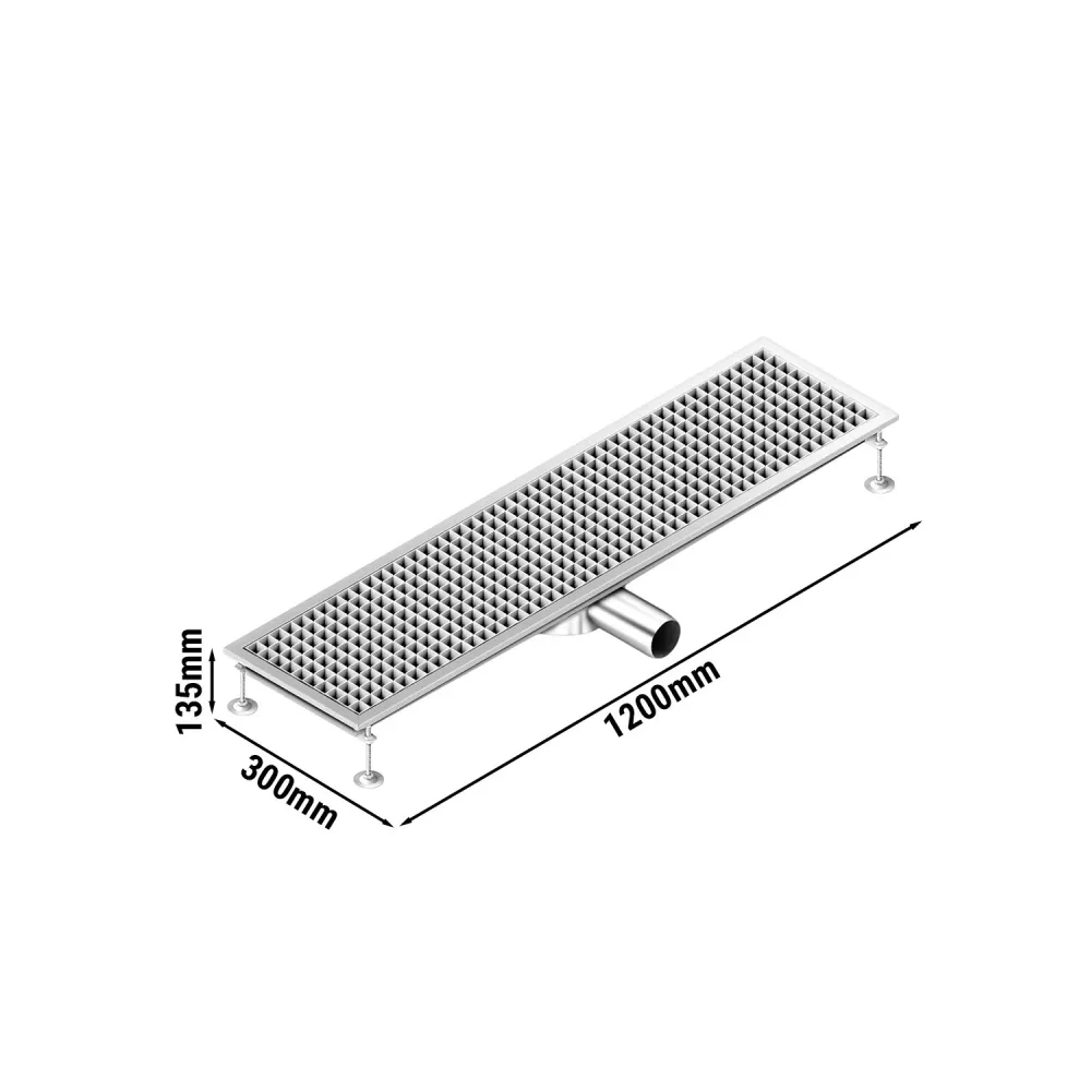 Отводнителен канал от неръждаема стомана AISI 304 - 1200x300mm - ниска монтажна височина - страничен изход - Ø70mm