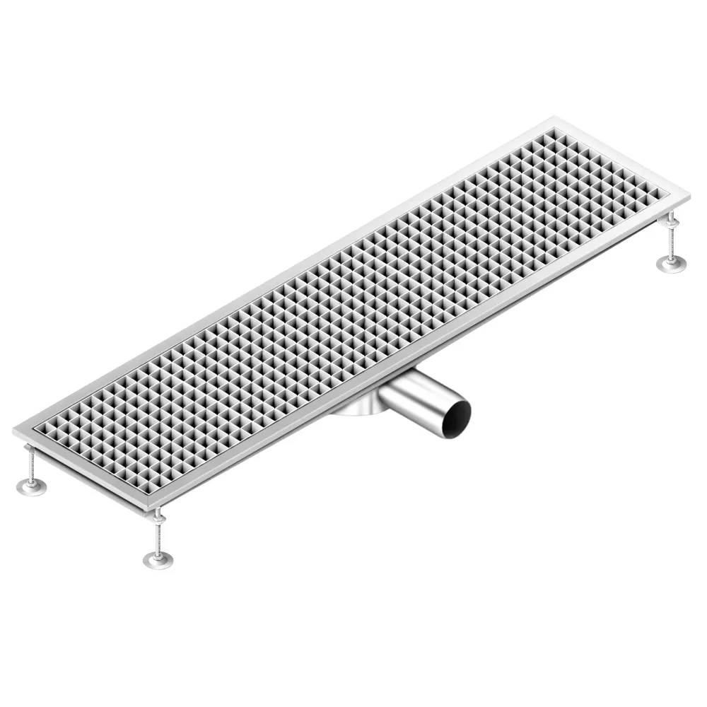 Отводнителен канал от неръждаема стомана AISI 304 - 1200x300mm - ниска монтажна височина - страничен изход - Ø70mm