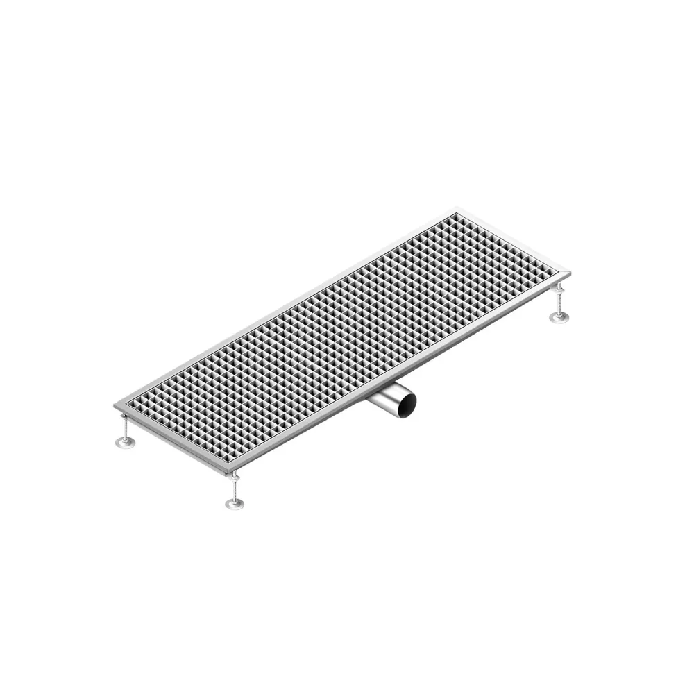 Отводнителен канал от неръждаема стомана AISI 304 - 1200x400mm - ниска монтажна височина - страничен изход - Ø70mm