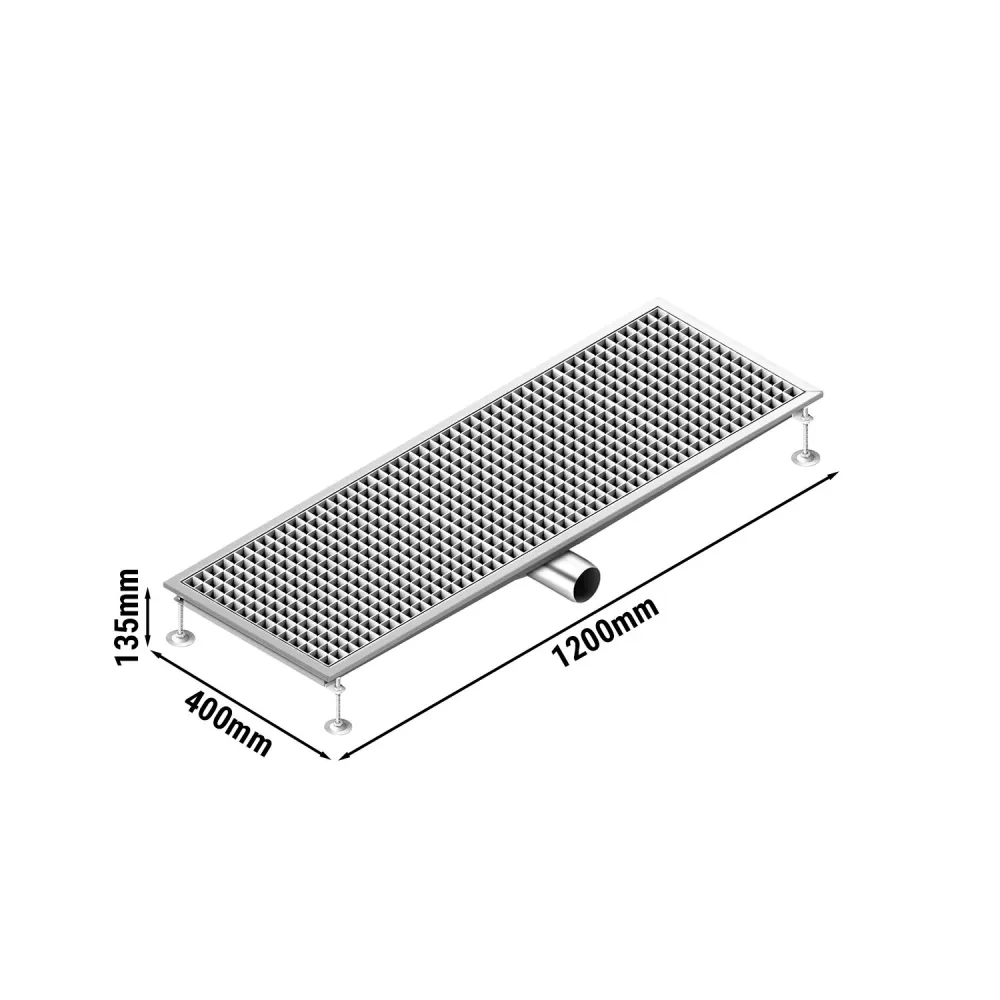 Отводнителен канал от неръждаема стомана AISI 304 - 1200x400mm - ниска монтажна височина - страничен изход - Ø70mm