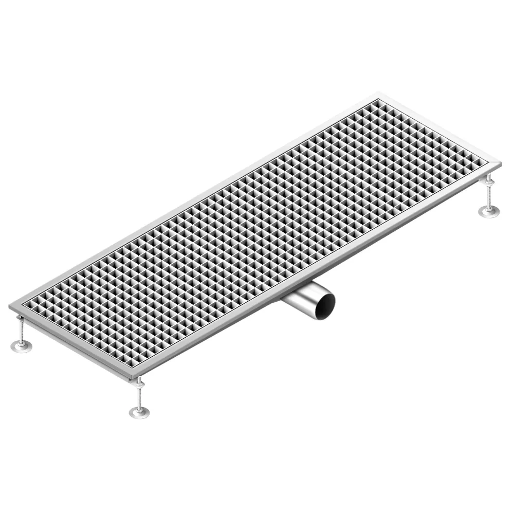 Отводнителен канал от неръждаема стомана AISI 304 - 1200x400mm - ниска монтажна височина - страничен изход - Ø70mm