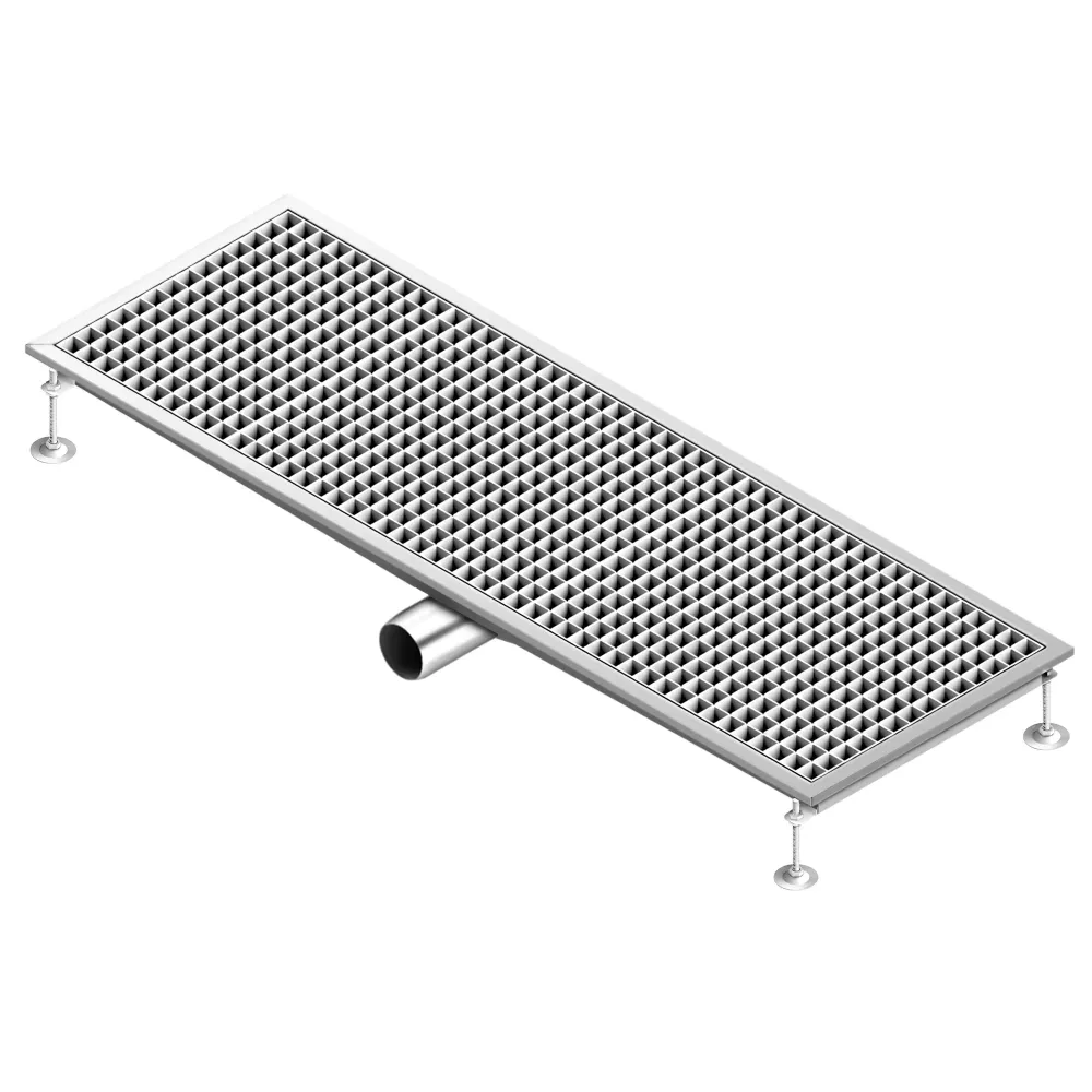 Отводнителен канал от неръждаема стомана AISI 304 - 1200x400mm - ниска монтажна височина - страничен изход - Ø70mm