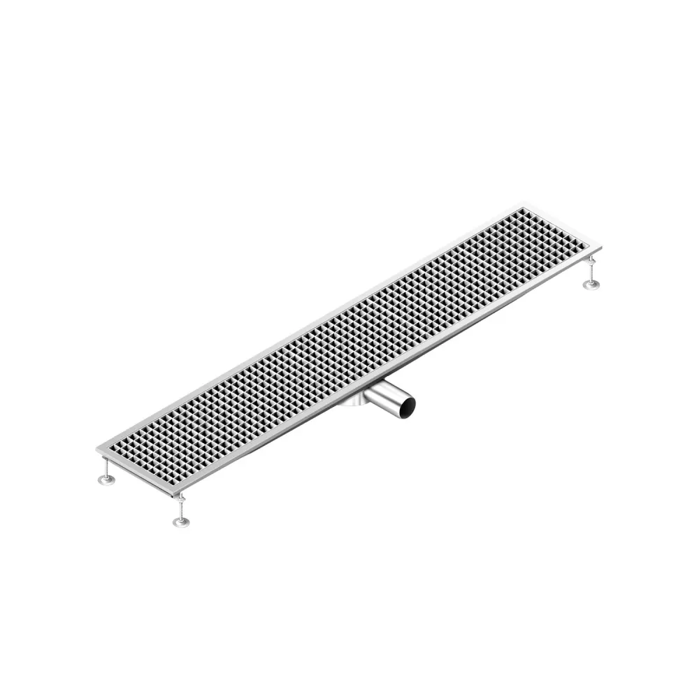 Отводнителен канал от неръждаема стомана AISI 304 - 1650x300mm - ниска монтажна височина - страничен изход - Ø70mm