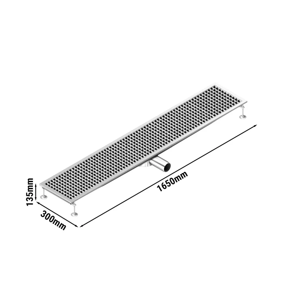 Отводнителен канал от неръждаема стомана AISI 304 - 1650x300mm - ниска монтажна височина - страничен изход - Ø70mm