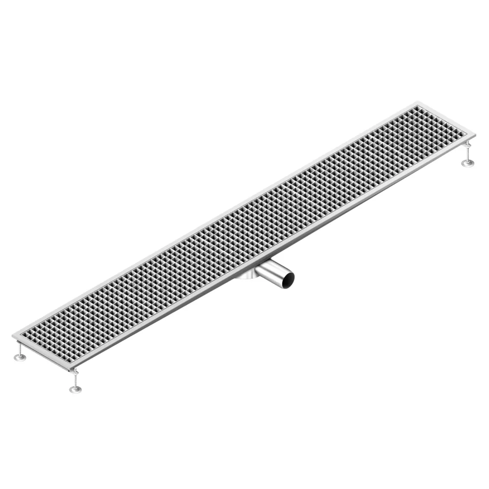 Отводнителен канал от неръждаема стомана AISI 304 - 2100x300mm - ниска монтажна височина - страничен изход - Ø70mm