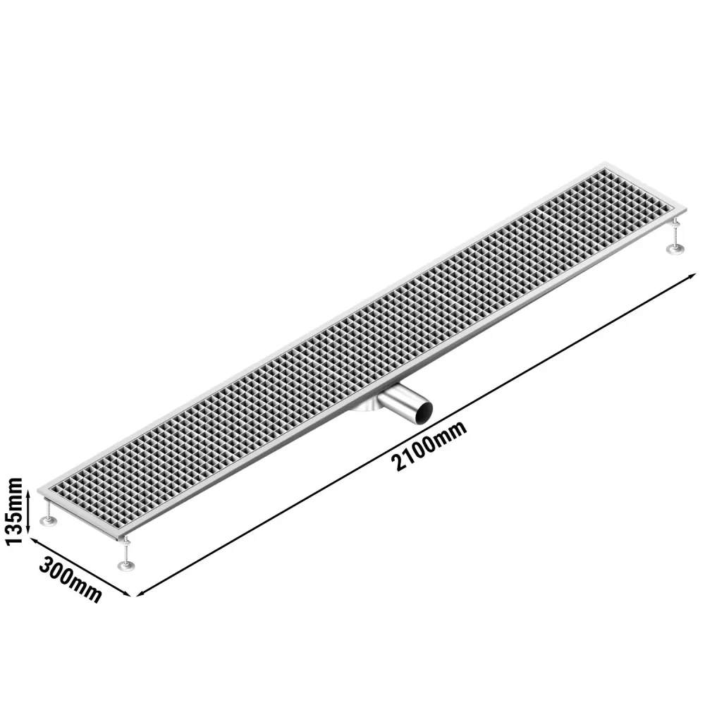 Отводнителен канал от неръждаема стомана AISI 304 - 2100x300mm - ниска монтажна височина - страничен изход - Ø70mm