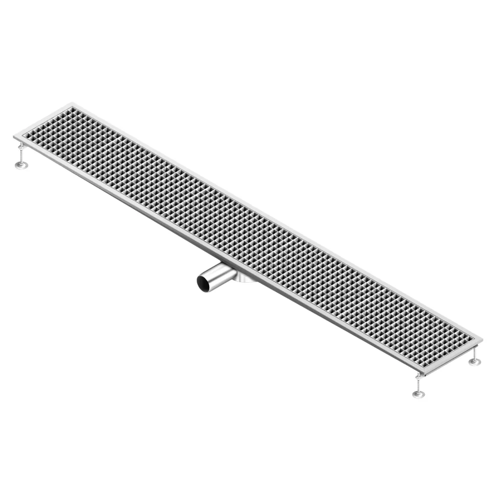Отводнителен канал от неръждаема стомана AISI 304 - 2100x300mm - ниска монтажна височина - страничен изход - Ø70mm