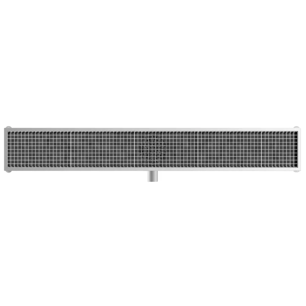 Отводнителен канал от неръждаема стомана AISI 304 - 2100x300mm - ниска монтажна височина - страничен изход - Ø70mm