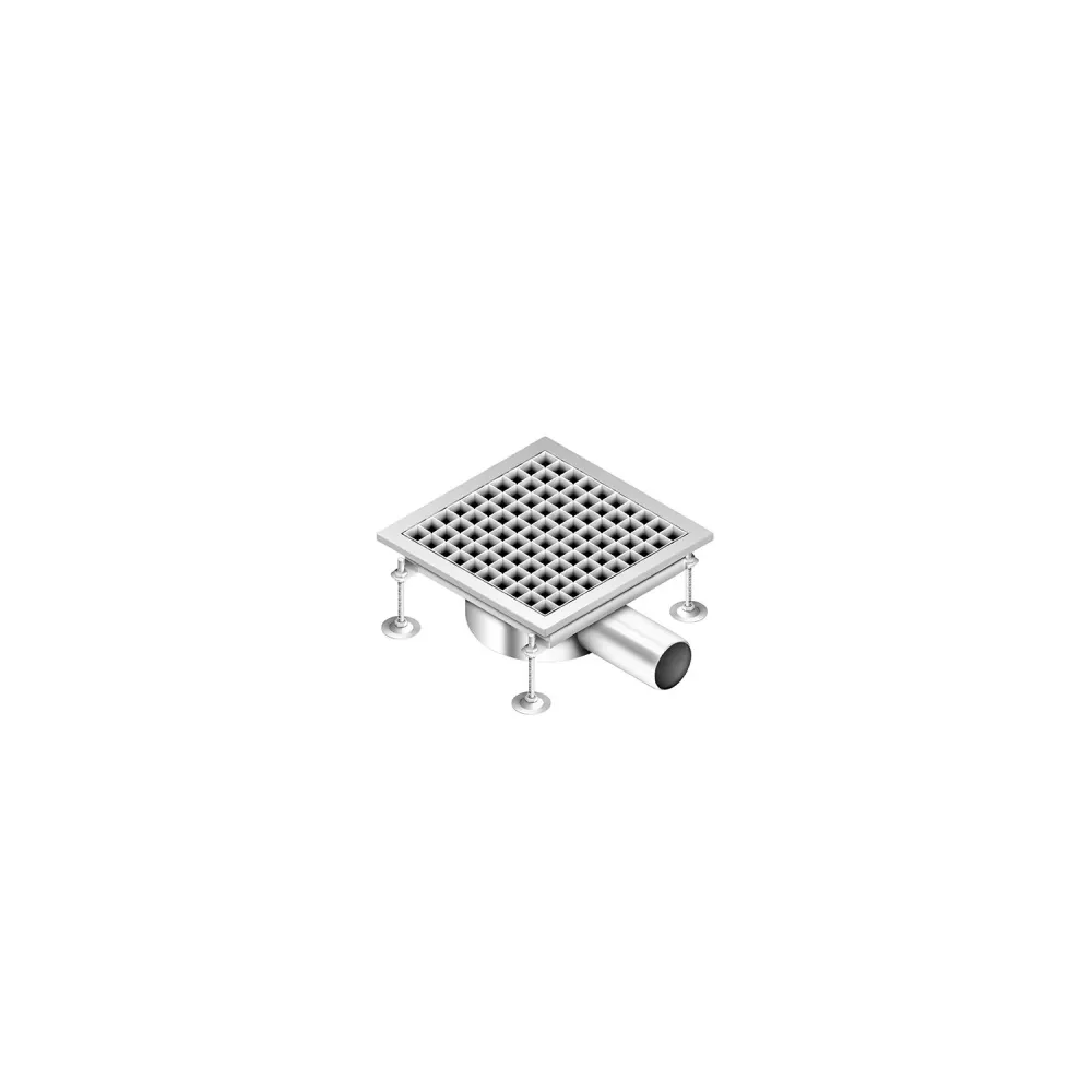 Подов сифон от неръждаема стомана AISI 304 - 300x300mm - ниска монтажна височина - страничен изход - Ø70mm
