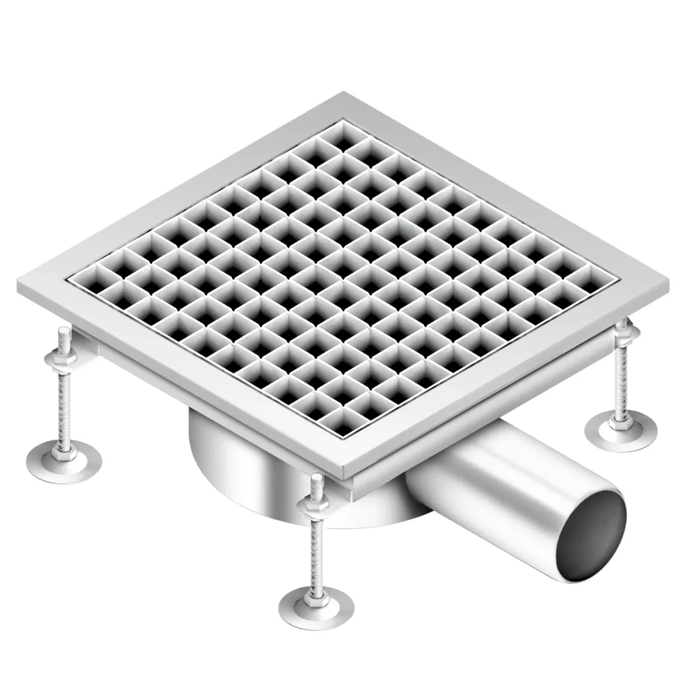 Подов сифон от неръждаема стомана AISI 304 - 300x300mm - ниска монтажна височина - страничен изход - Ø70mm