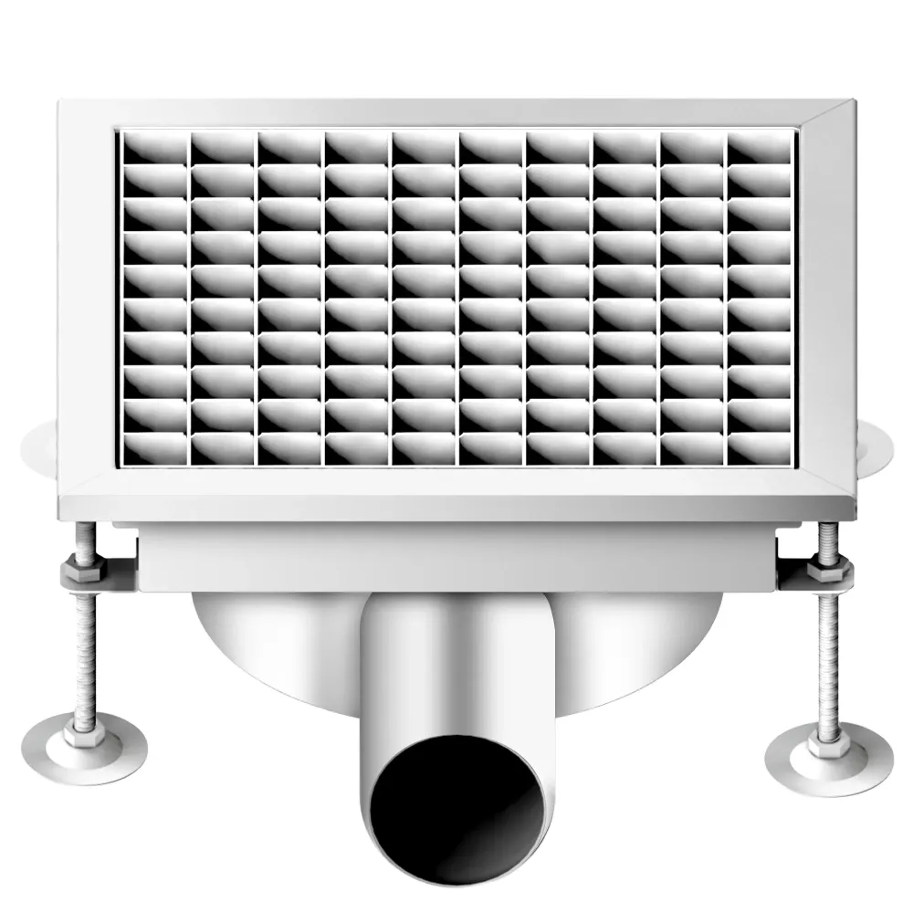 Подов сифон от неръждаема стомана AISI 304 - 300x300mm - ниска монтажна височина - страничен изход - Ø70mm