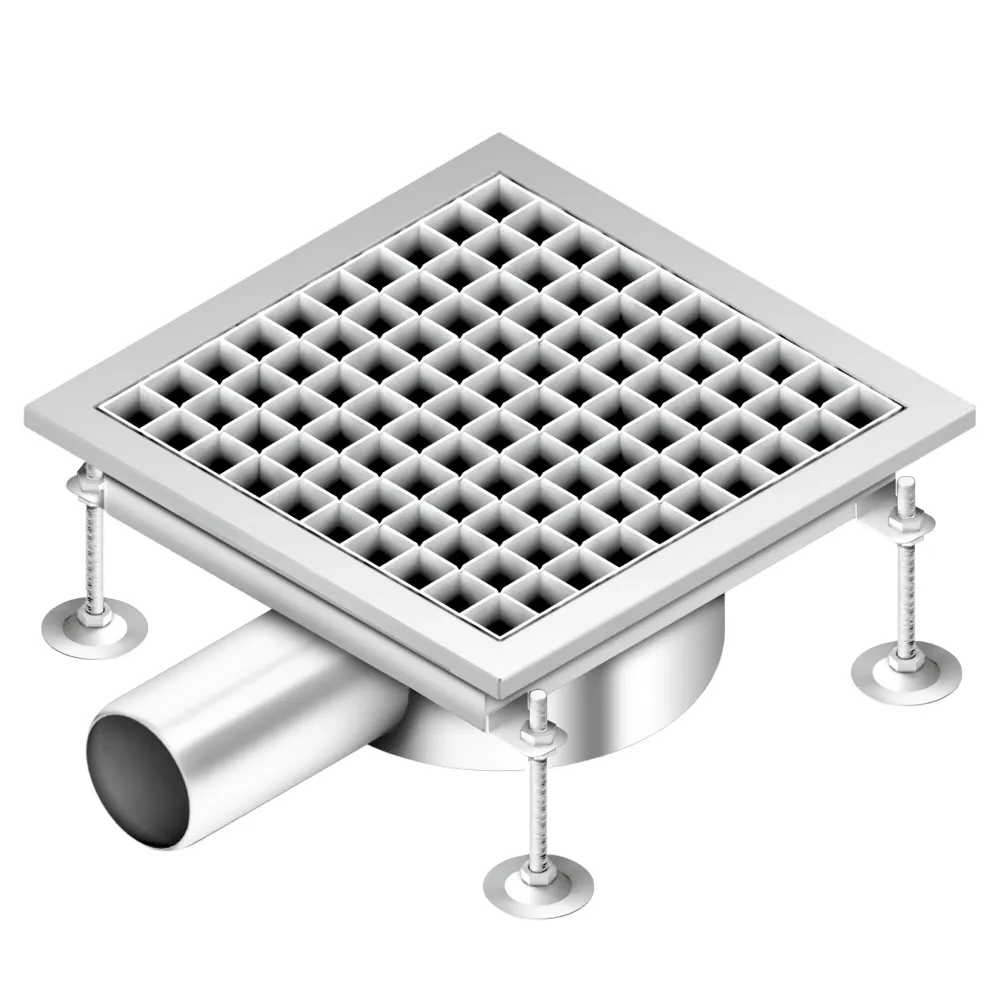 Подов сифон от неръждаема стомана AISI 304 - 300x300mm - ниска монтажна височина - страничен изход - Ø70mm