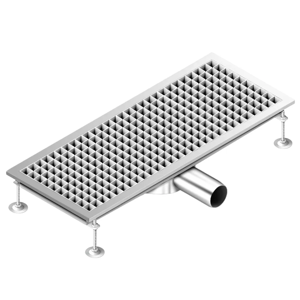 Отводнителен канал от неръждаема стомана AISI 304 - 750x300mm - ниска монтажна височина - страничен изход - Ø70mm