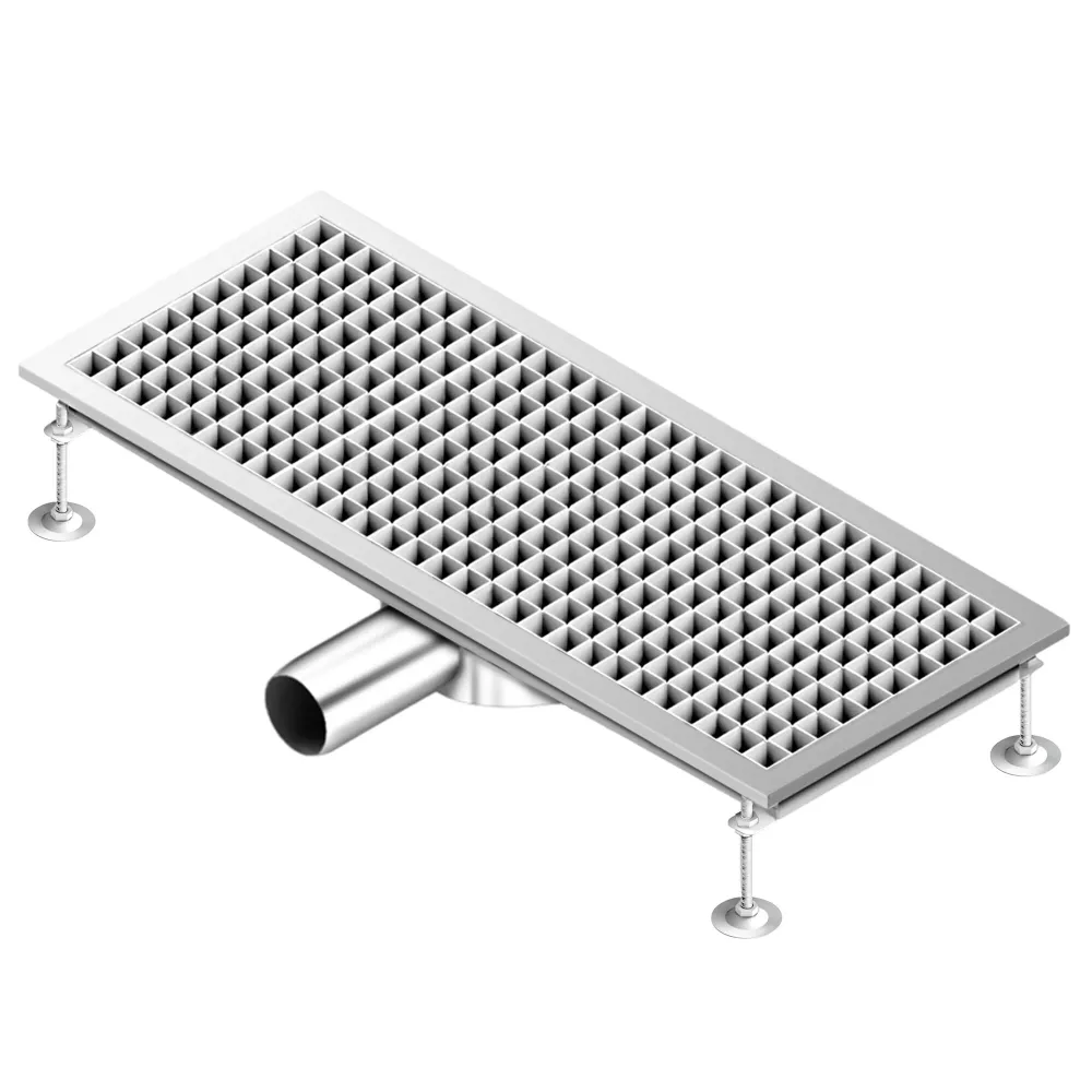 Отводнителен канал от неръждаема стомана AISI 304 - 750x300mm - ниска монтажна височина - страничен изход - Ø70mm