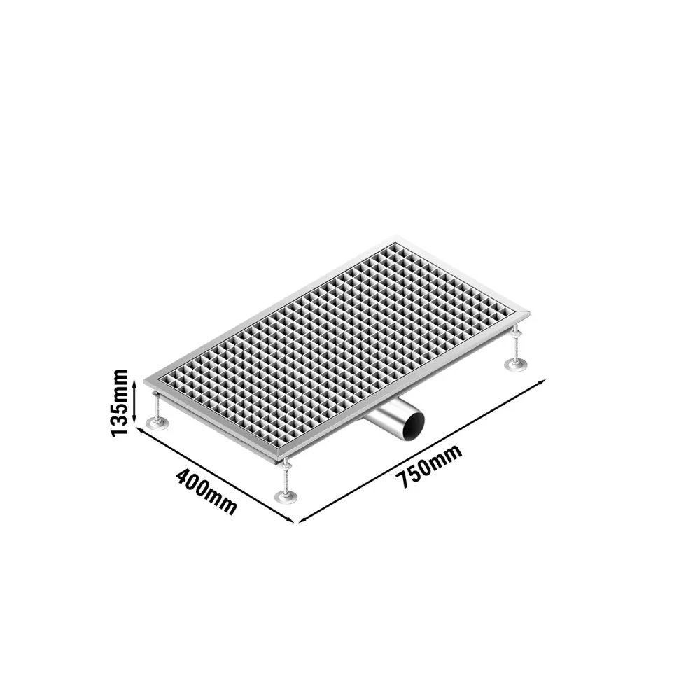 Отводнителен канал от неръждаема стомана AISI 304 - 750x400mm - ниска монтажна височина - страничен изход - Ø70mm