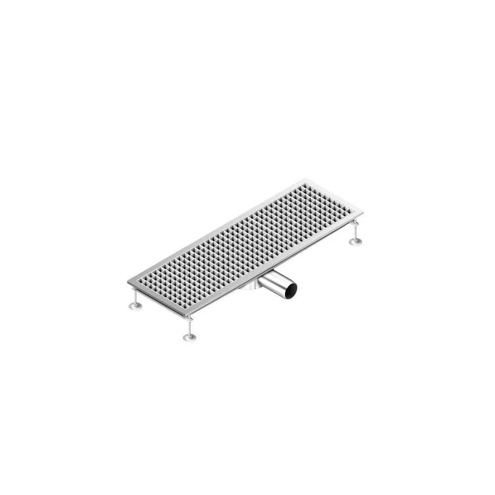 Отводнителен канал от неръждаема стомана AISI 304 - 900x300mm - ниска монтажна височина - страничен изход - Ø70mm