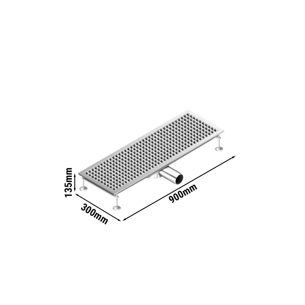 Отводнителен канал от неръждаема стомана AISI 304 - 900x300mm - ниска монтажна височина - страничен изход - Ø70mm