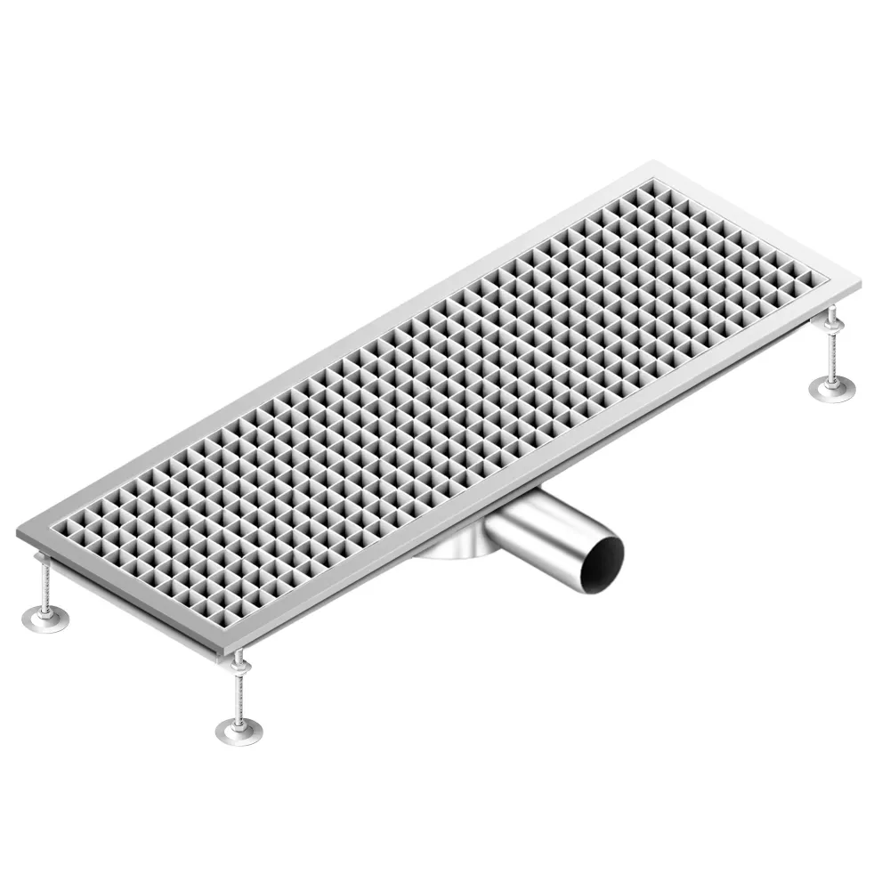 Отводнителен канал от неръждаема стомана AISI 304 - 900x300mm - ниска монтажна височина - страничен изход - Ø70mm