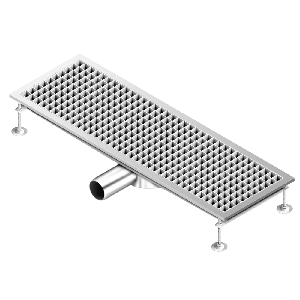 Отводнителен канал от неръждаема стомана AISI 304 - 900x300mm - ниска монтажна височина - страничен изход - Ø70mm