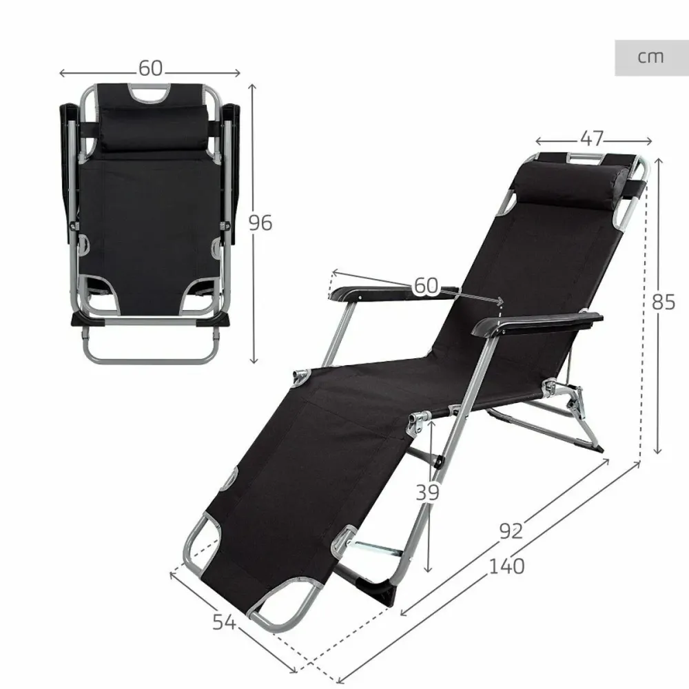 Полулегнал шезлонг Aktive полиестер 600D Стомана Черен 177 x 47 x 34 cm