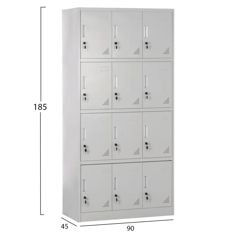 Метално шкафче Bexley с 12 заключващи се шкафа с ключ, сиво, 90x45x185 см