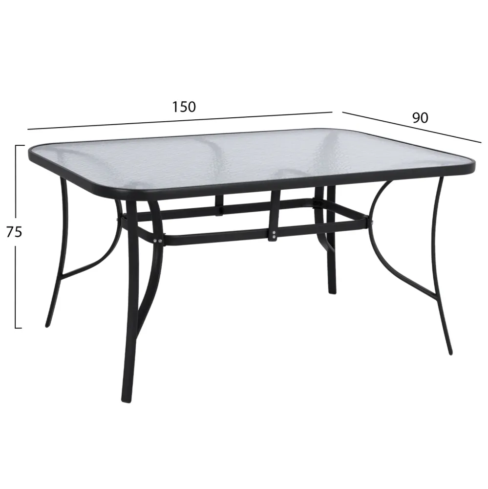 Маса Bruno 150x90x72 см, черен метал със стъклена повърхност