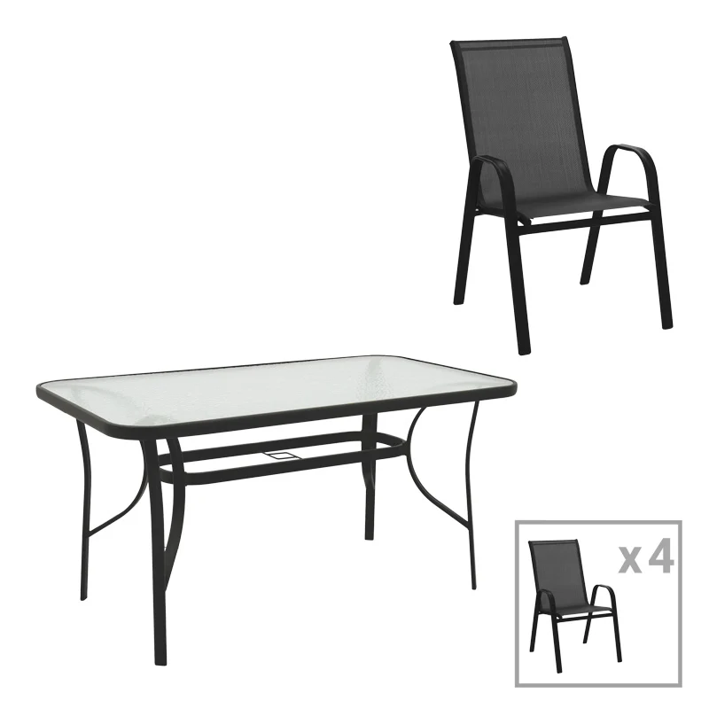 Трапезна маса и столове Calan-Ensure 5бр метал-стъкло в черен цвят 140x80x70см