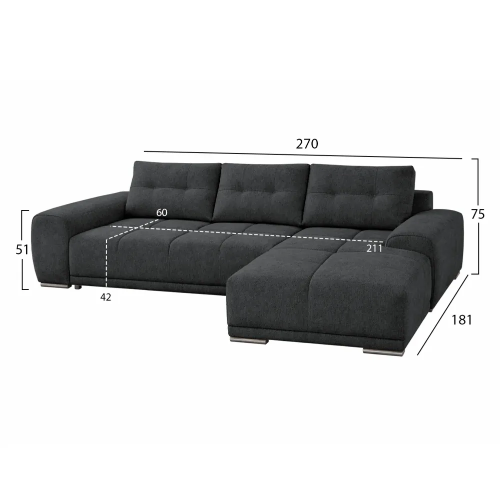 Разтегателен диван десен ъглов Comfyra сив плат 270x181x75см