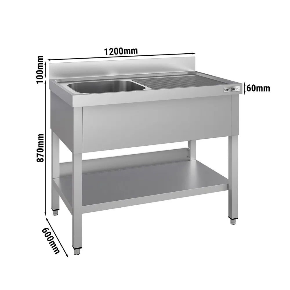 Професионална мивка от неръждаема стомана ECO - 1200x600mm - с долен рафт - с 1 корито вляво