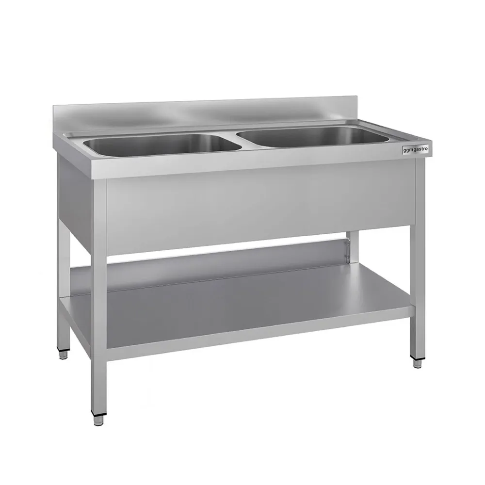 Професионална мивка от неръждаема стомана ECO - 1200x700mm - с долен рафт - с 2 корита централно