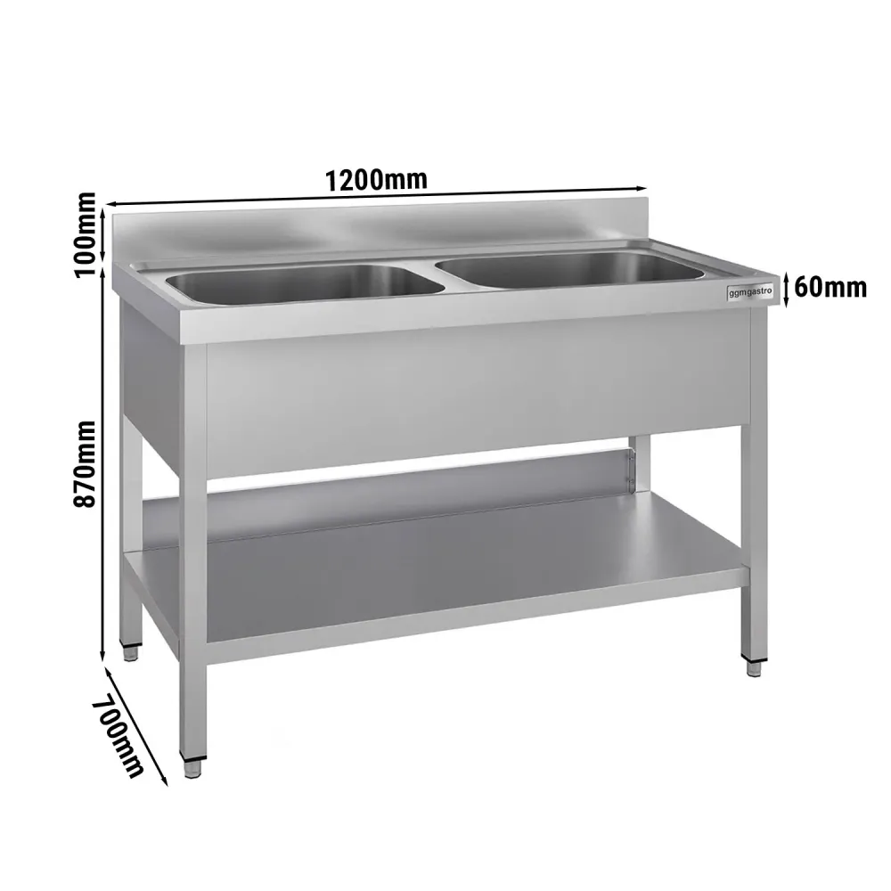 Професионална мивка от неръждаема стомана ECO - 1200x700mm - с долен рафт - с 2 корита централно