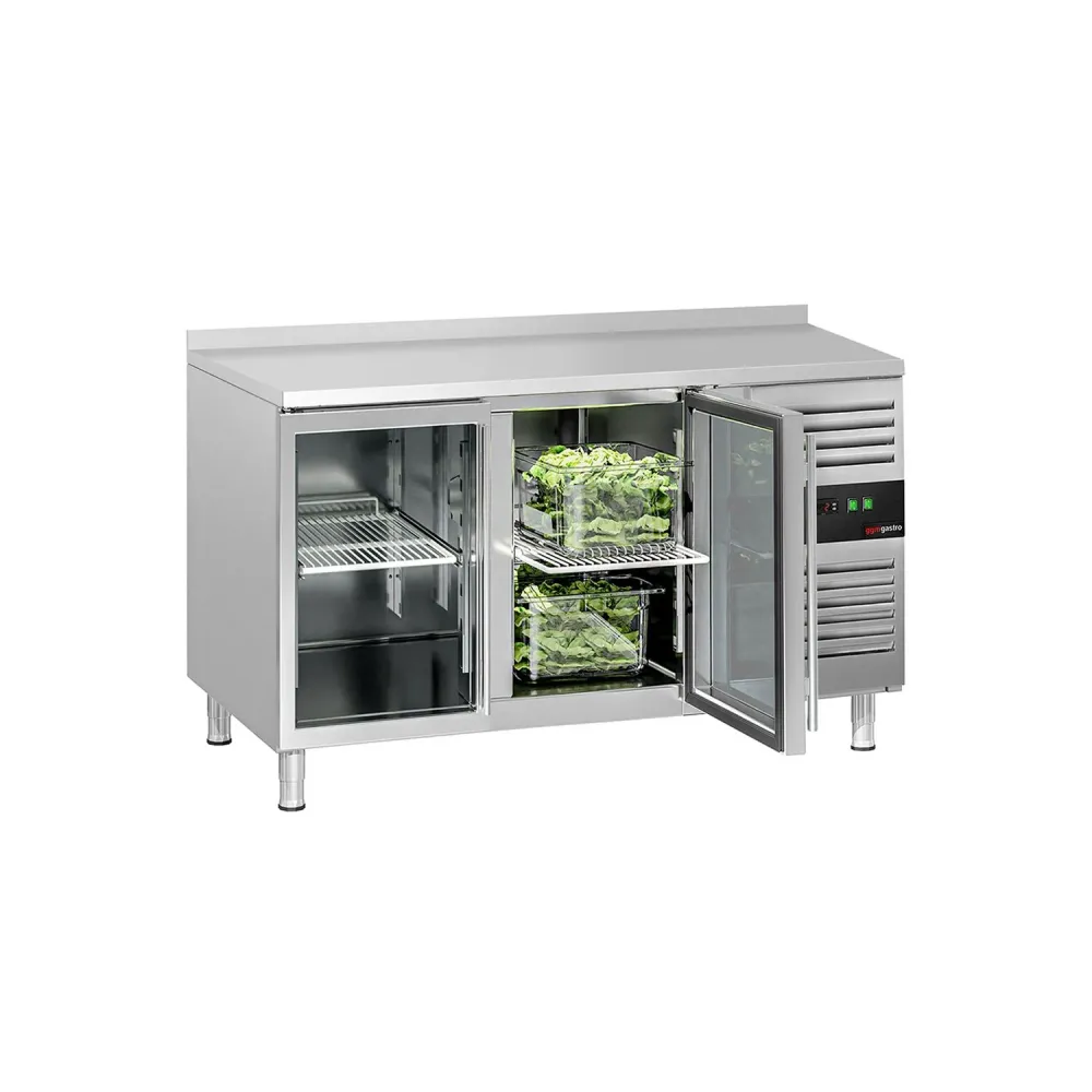 Професионална хладилна маса ECO - 1360x700mm - с 2 стъклени врати - GN 1/1 - вентилирано охлаждане - с гръб 100мм