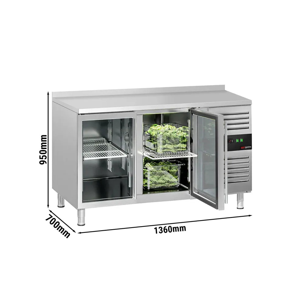 Професионална хладилна маса ECO - 1360x700mm - с 2 стъклени врати - GN 1/1 - вентилирано охлаждане - с гръб 100мм