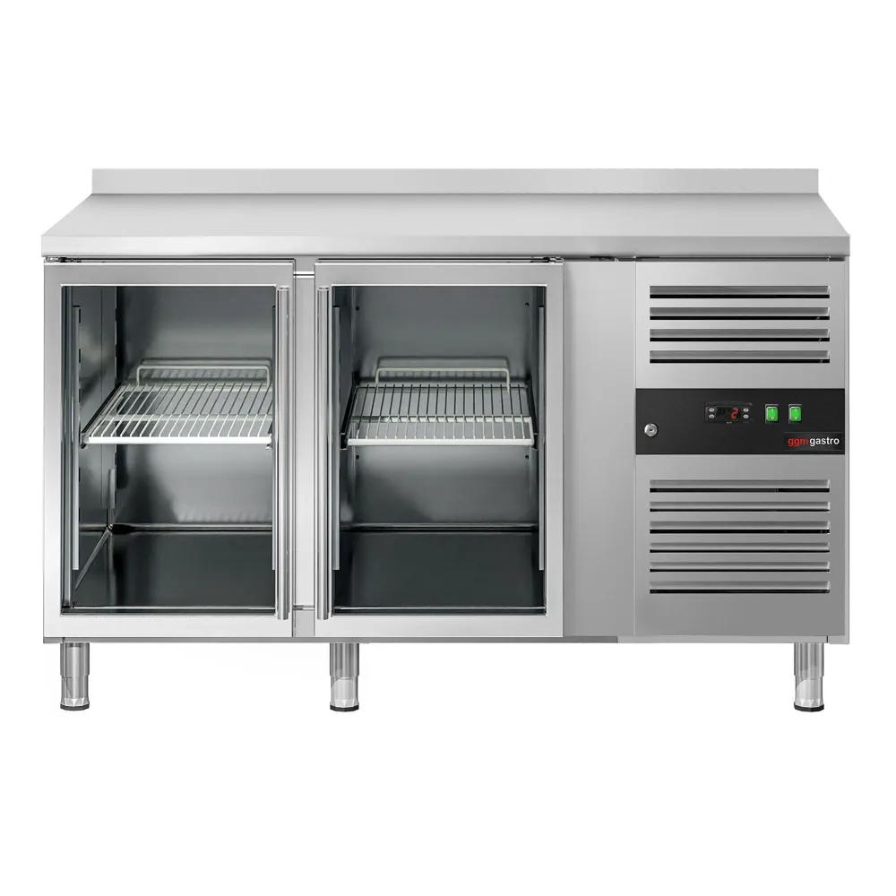 Професионална хладилна маса ECO - 1360x700mm - с 2 стъклени врати - GN 1/1 - вентилирано охлаждане - с гръб 100мм