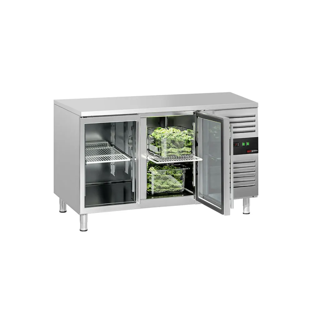 Професионална хладилна маса ECO - 1360x700mm - с 2 стъклени врати - GN 1/1 - вентилирано охлаждане - автоматично обезскреж...