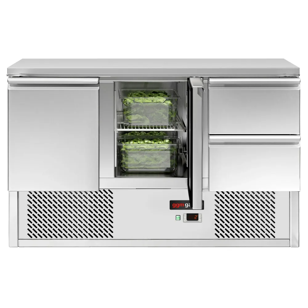Професионална хладилна маса ECO - 1368x700mm - с 2 врати - 2 чекмеджета - GN 1/1 - вграден агрегат