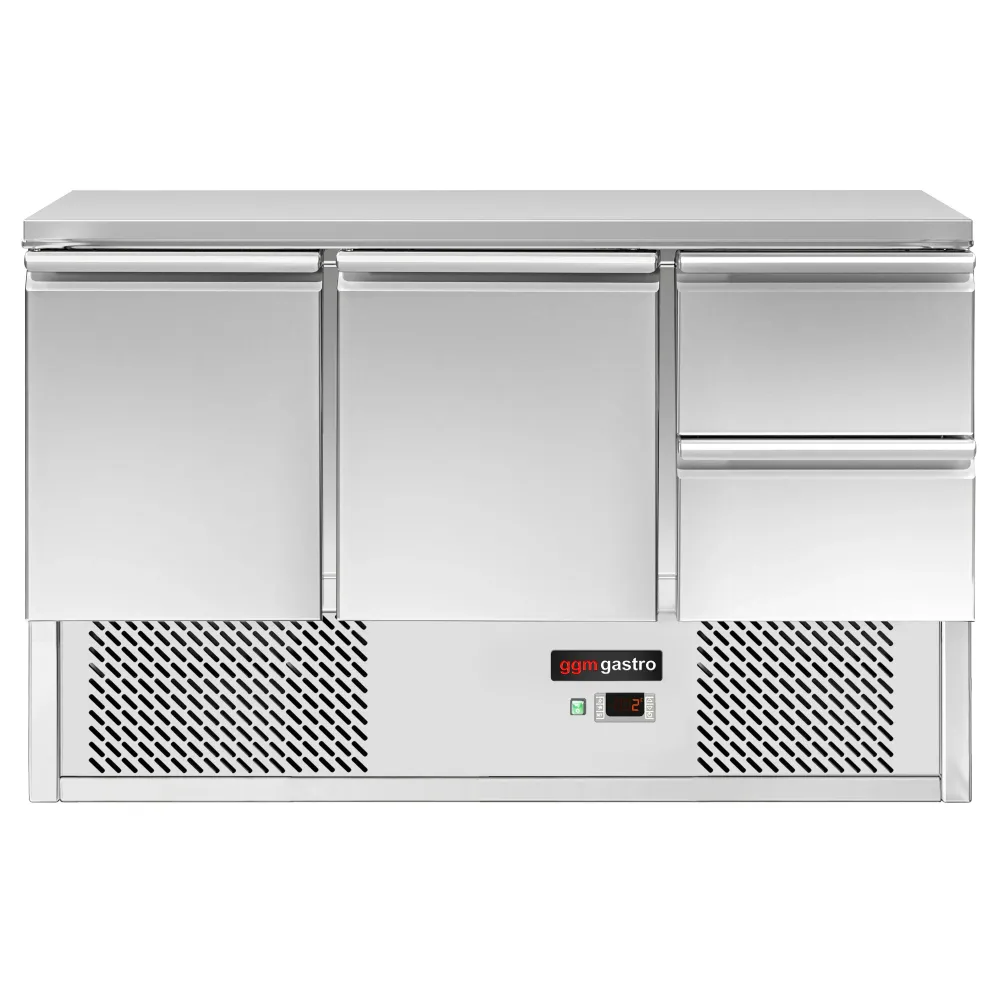 Професионална хладилна маса ECO - 1368x700mm - с 2 врати - 2 чекмеджета - GN 1/1 - вграден агрегат