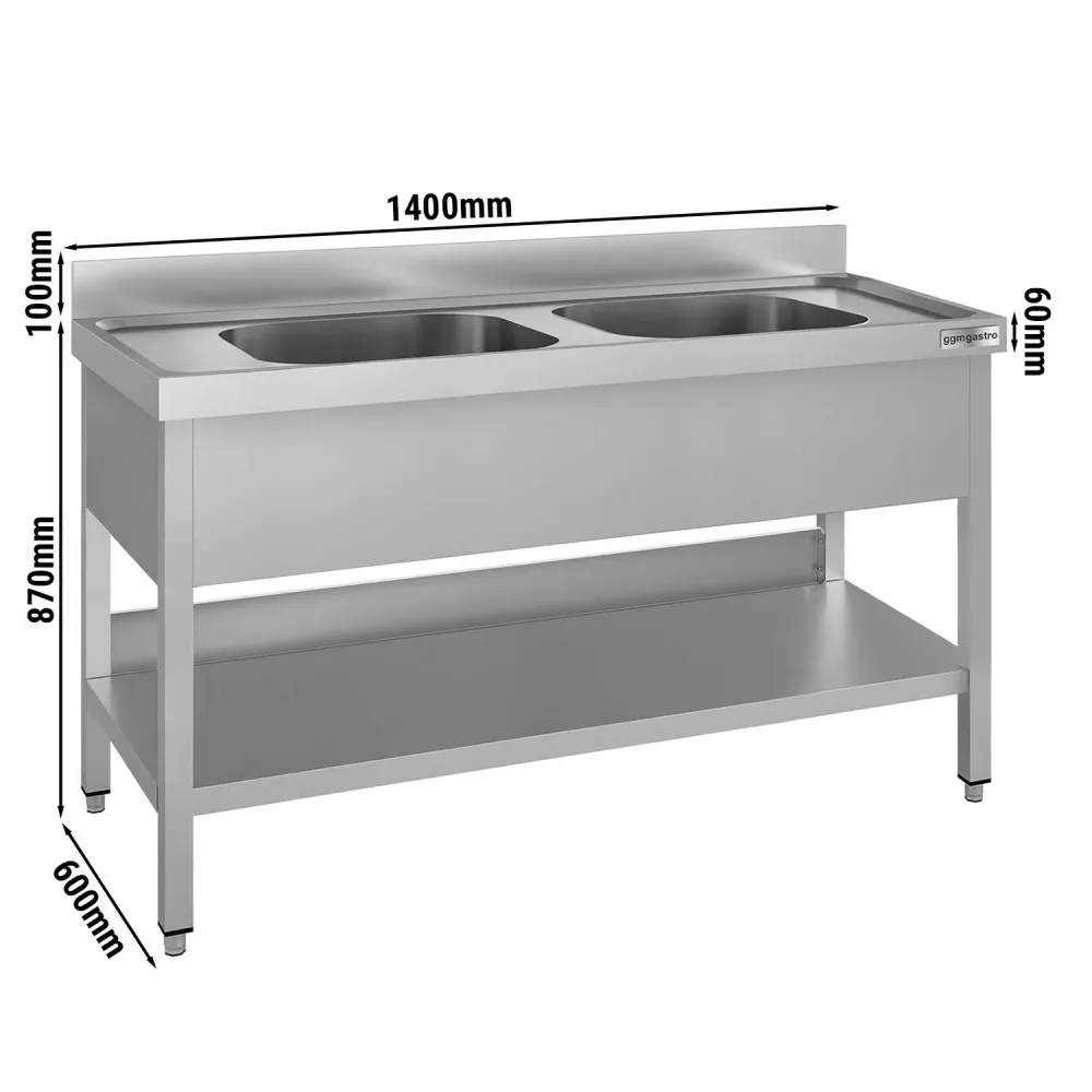 Професионална мивка от неръждаема стомана ECO - 1400x600mm - с долен рафт - с 2 корита централно