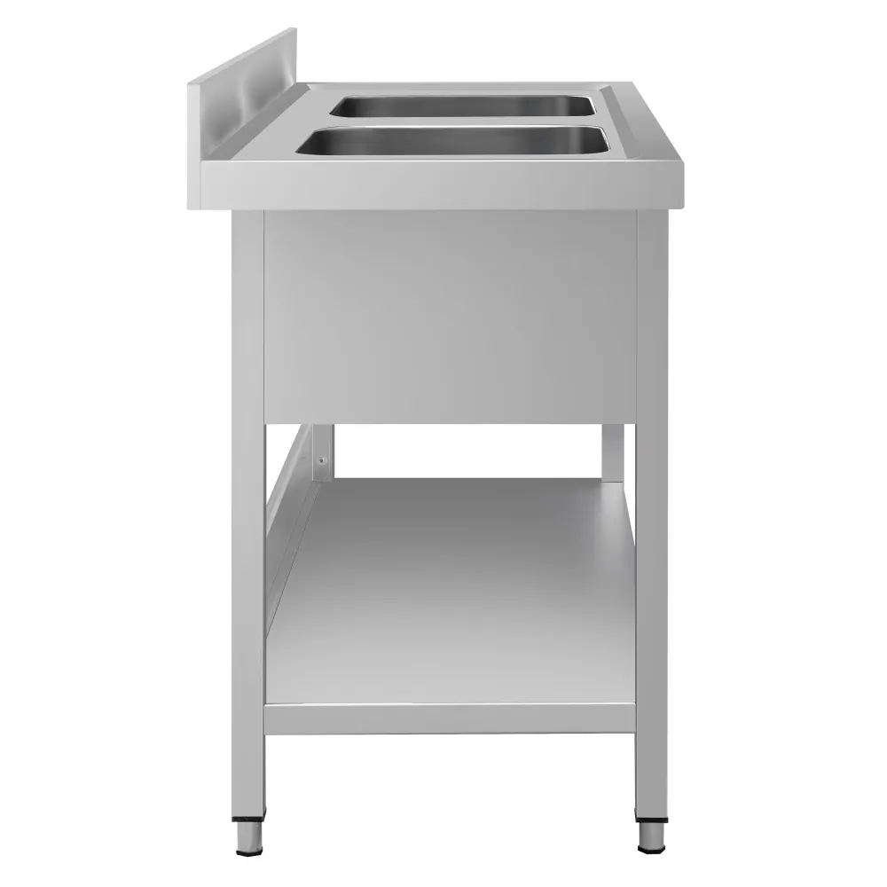 Професионална мивка от неръждаема стомана ECO - 1400x600mm - с долен рафт - с 2 корита централно