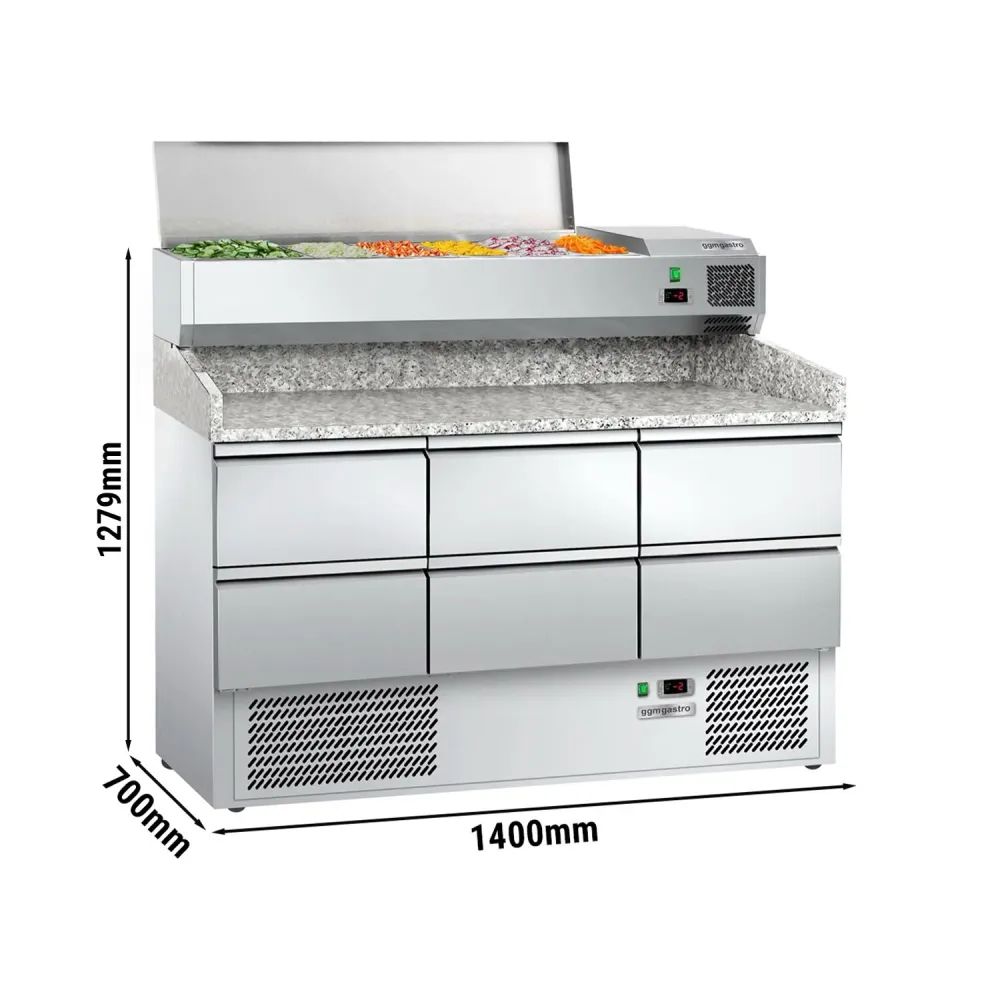 Хладилна маса за пица ECO - 1400x700mm - без врати - с 5+ чекмеджета GN 1/4 - с охлаждаща надстройка - 6x GN 1/4