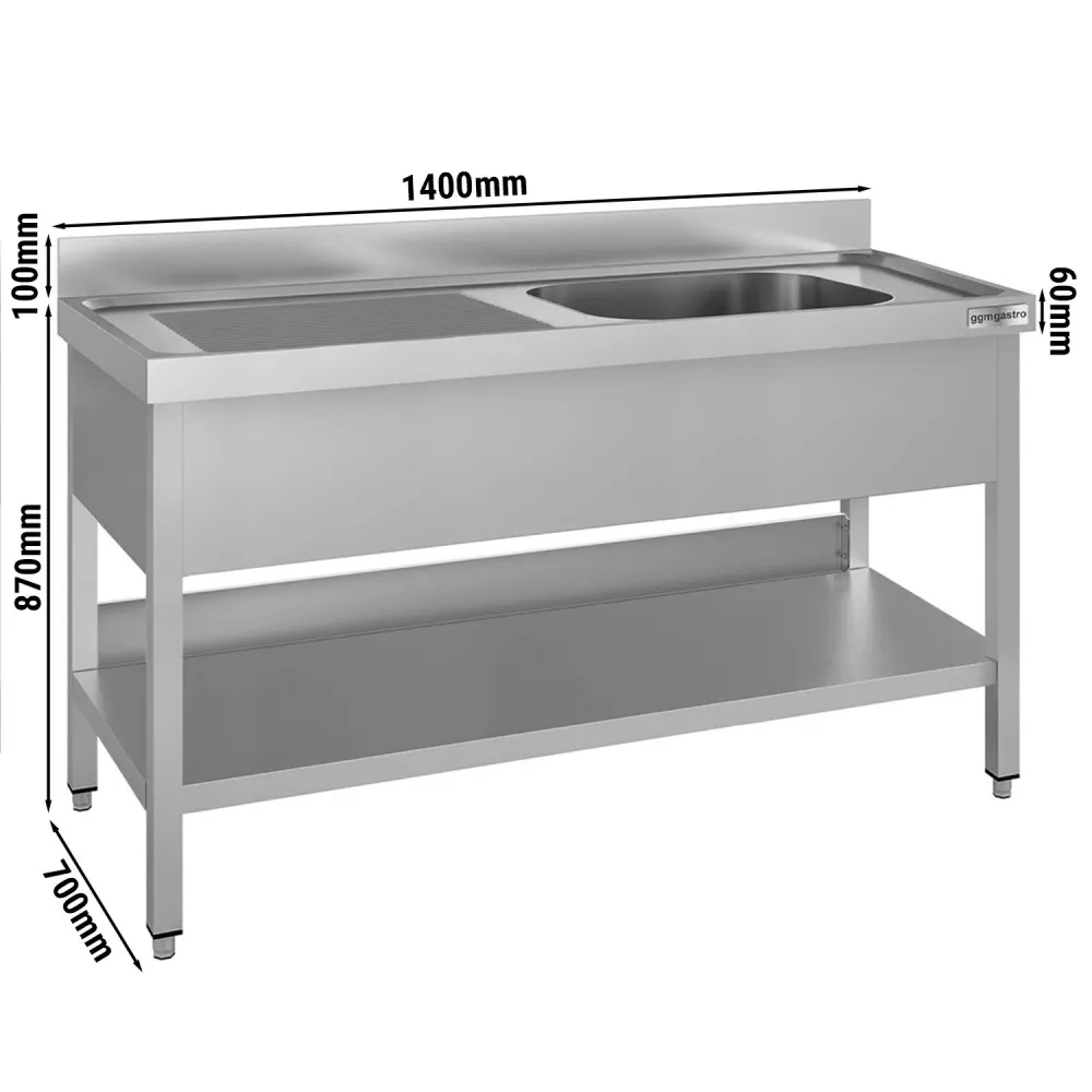 Професионална мивка от неръждаема стомана ECO - 1400x700mm - с долен рафт - с 1 корито вдясно