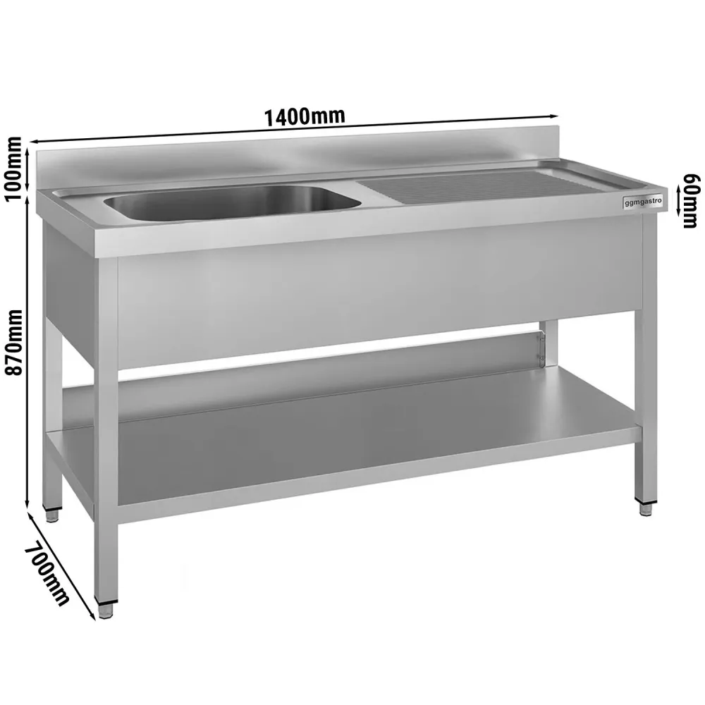 Професионална мивка от неръждаема стомана ECO - 1400x700mm - с долен рафт - с 1 корито вляво