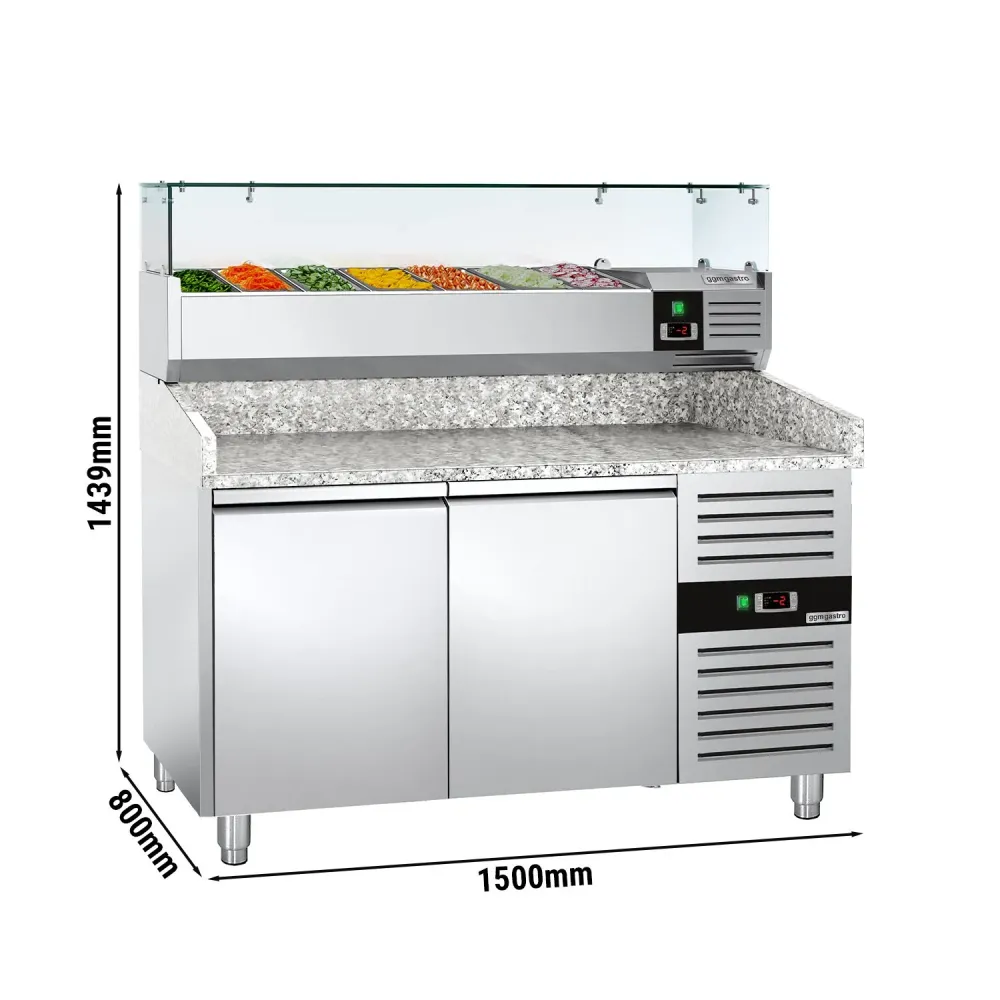 Хладилна маса за пица ECO - 1500x800mm - с гранитен плот - с 2 врати - с охлаждаща надстройка - 7x GN 1/4