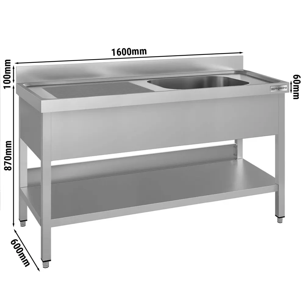 Професионална мивка от неръждаема стомана ECO - 1600x600mm - с долен рафт - с 1 корито вдясно