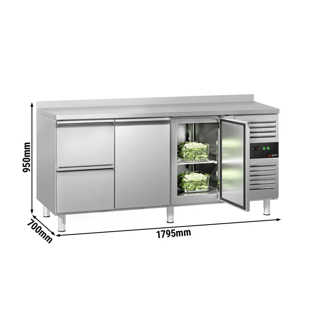 Професионална хладилна маса ECO - 1795x700mm - с 2 врати - 2 чекмеджета - GN 1/1 - с гръб 100мм