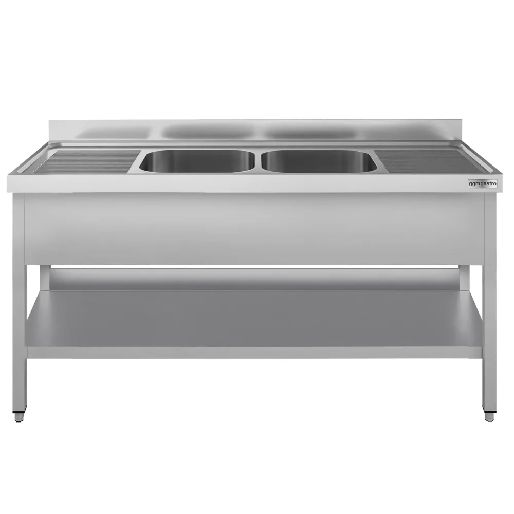 Професионална мивка от неръждаема стомана ECO - 1800x600mm - с долен рафт - с 2 корита централно